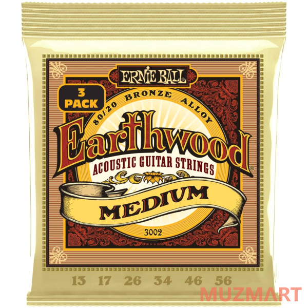 Ernie Ball 3002 Earthwood 80/20 Bronze Medium 3 Pack 13-56 Струны для акустической гитары
