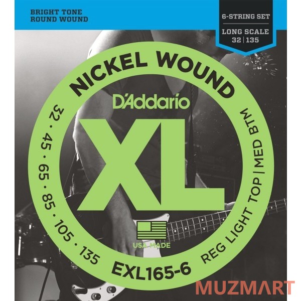 D'Addario EXL165-6 Струны для 6-ти струнной бас гитары, Custom Light 32-135